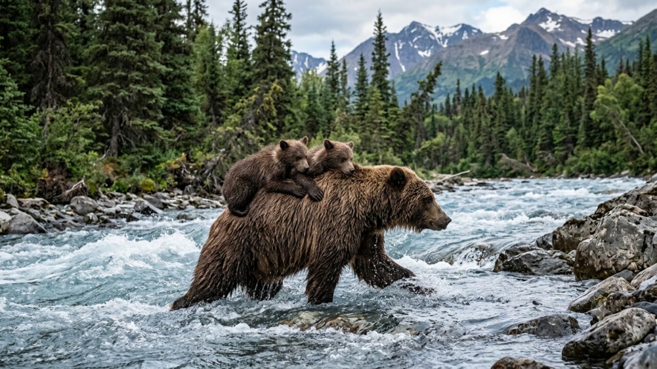 Fotografo faz registro incrível da ursa grizzly nadando atravessando o rio repleta de filhotes agarrados às suas costas