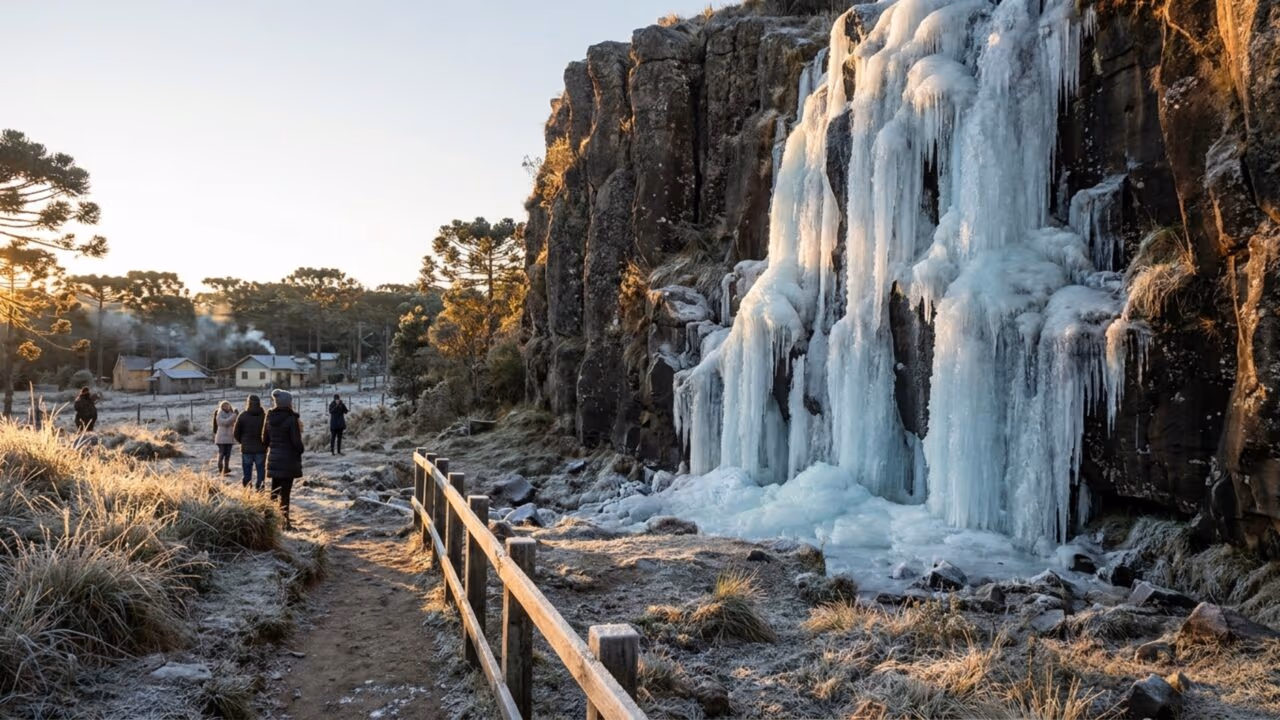 A única cidade do Brasil onde uma cachoeira vira escultura de gelo é Capital Nacional do Frio por lei federal