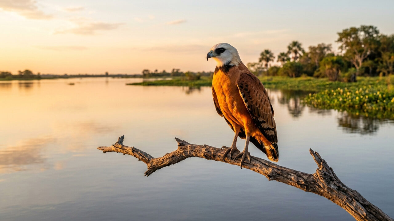 O ágil caçador de plumagem avermelhada e colar preto monitora as lagoas do país; ele faz voos rasantes em alta velocidade para capturar peixes na superfície da água