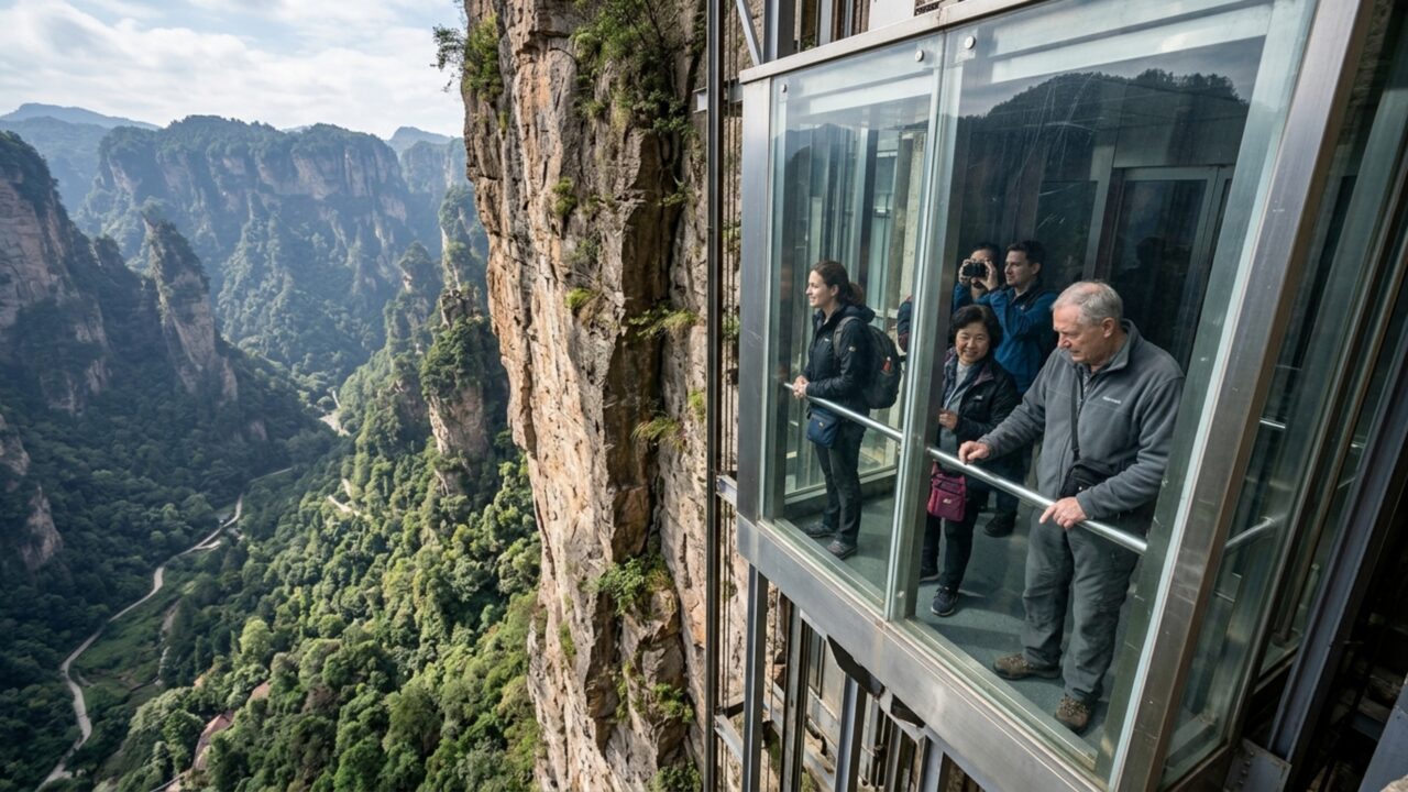 O elevador Bailong de vidro que sobe um penhasco de 326 metros na China em menos de 2 minutos