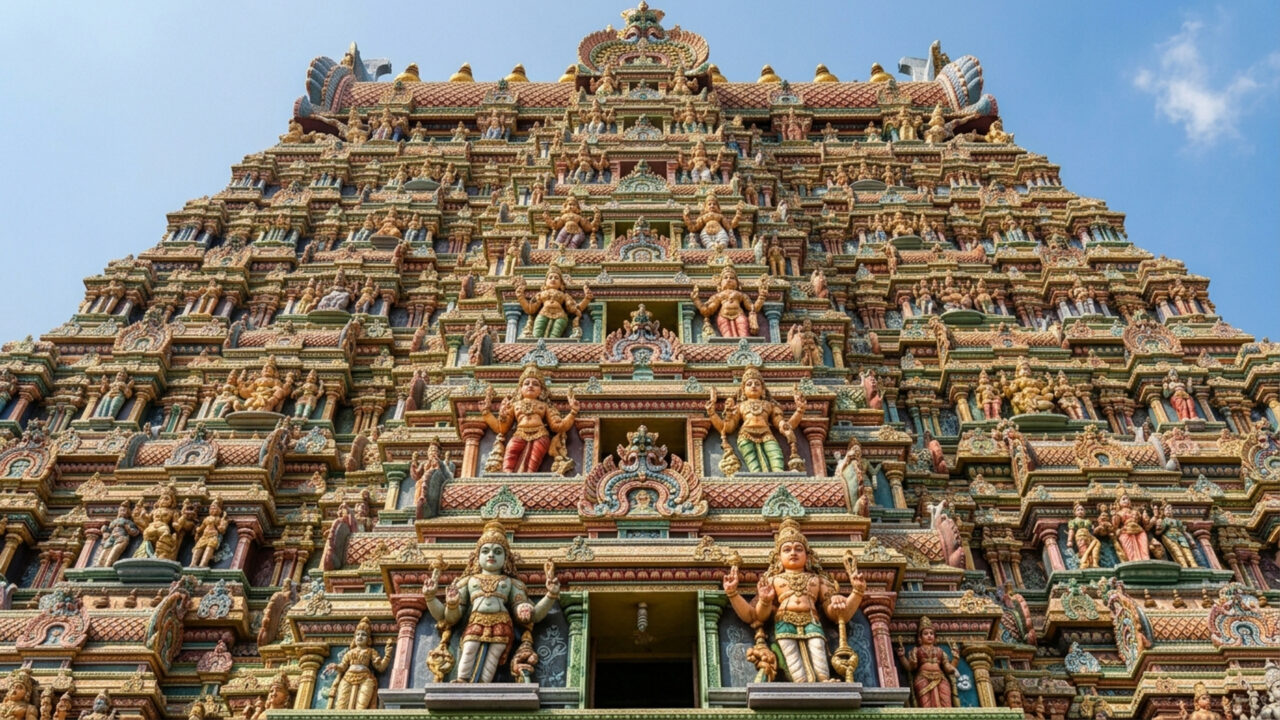 Com suas 14 torres monumentais e mais de 33.000 esculturas coloridas, o complexo sagrado na Índia destaca-se como uma obra-prima da arte hindu