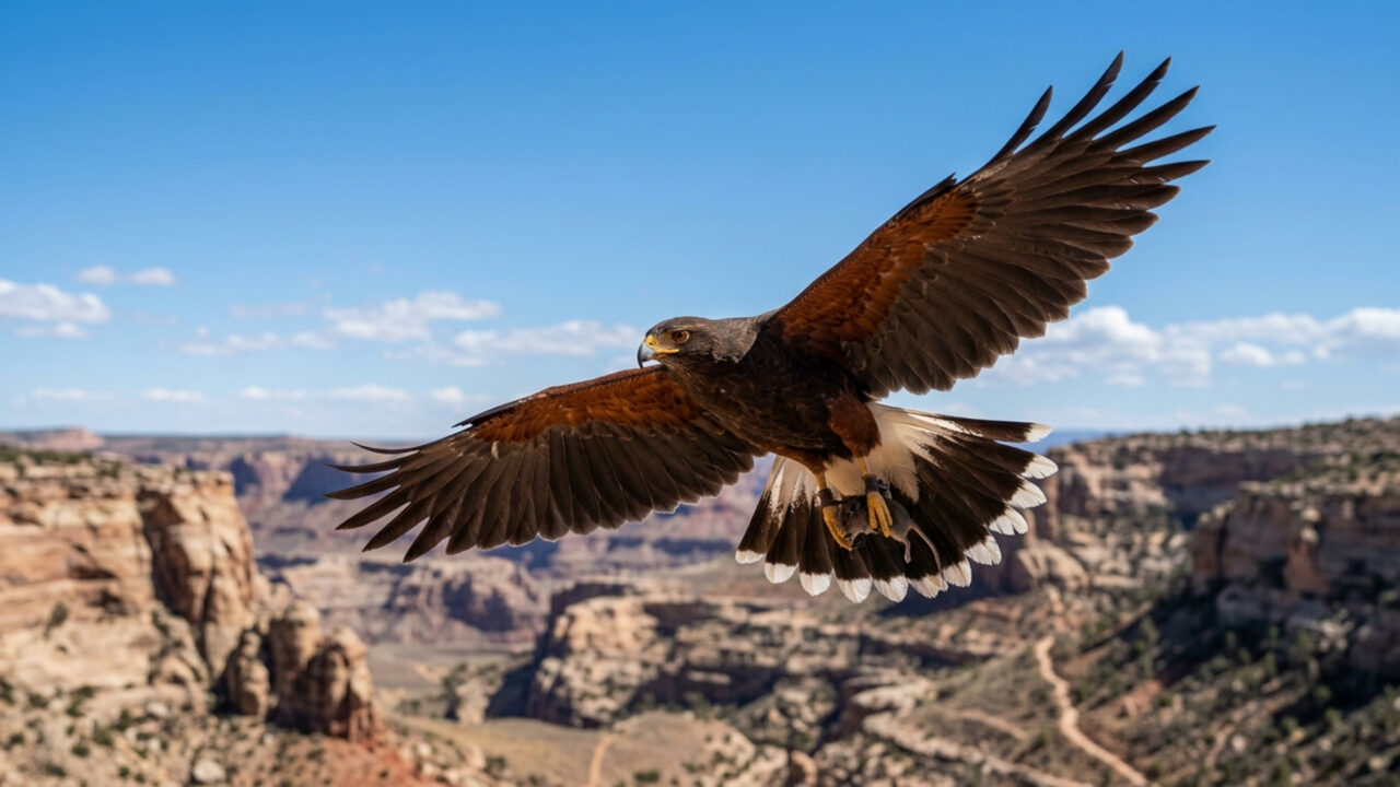 O inteligente caçador aéreo une-se em bandos táticos para perseguir presas; ele mergulha com precisão cirúrgica sobre roedores nas áreas secas