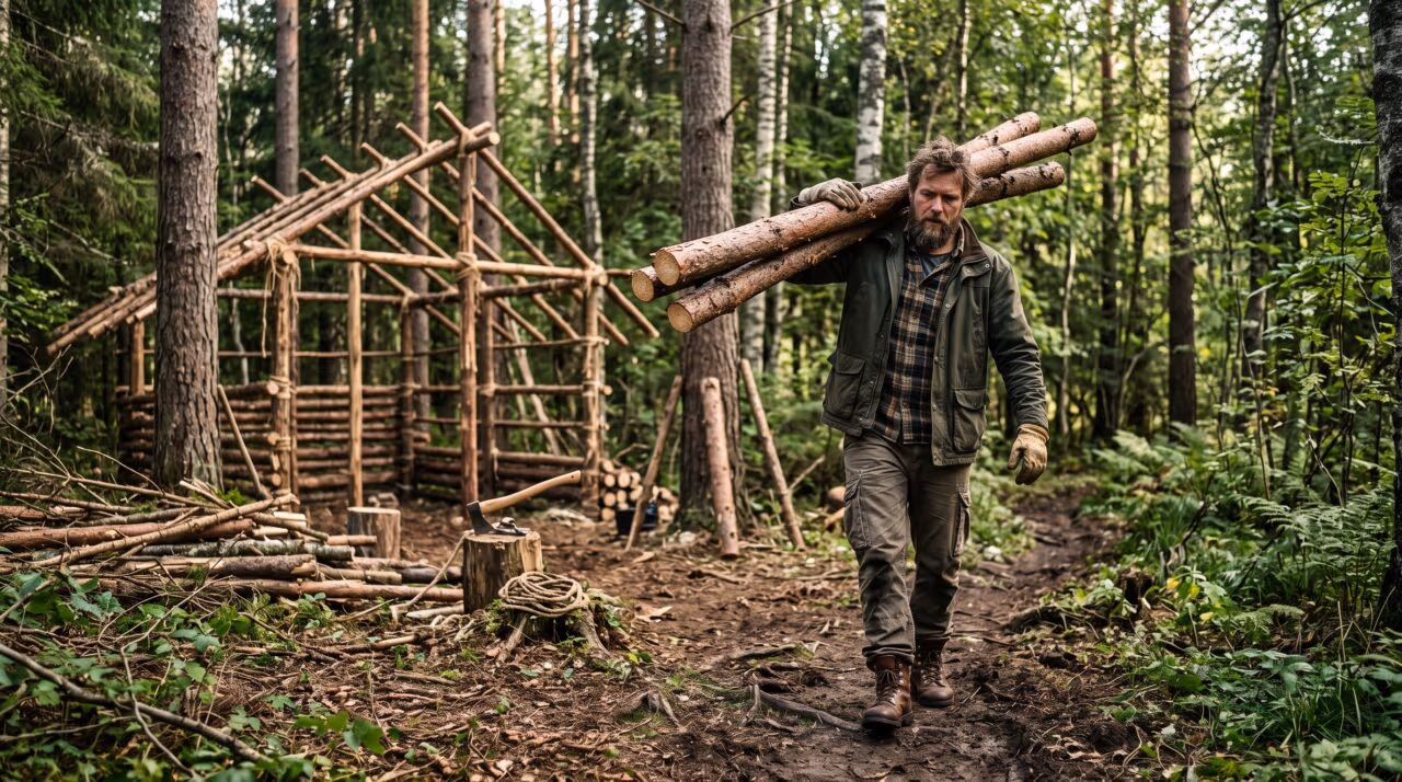 Ele construiu uma cabana rústica no meio da floresta no inverno, com troncos de madeira pesada e ferramentas básicas de campo