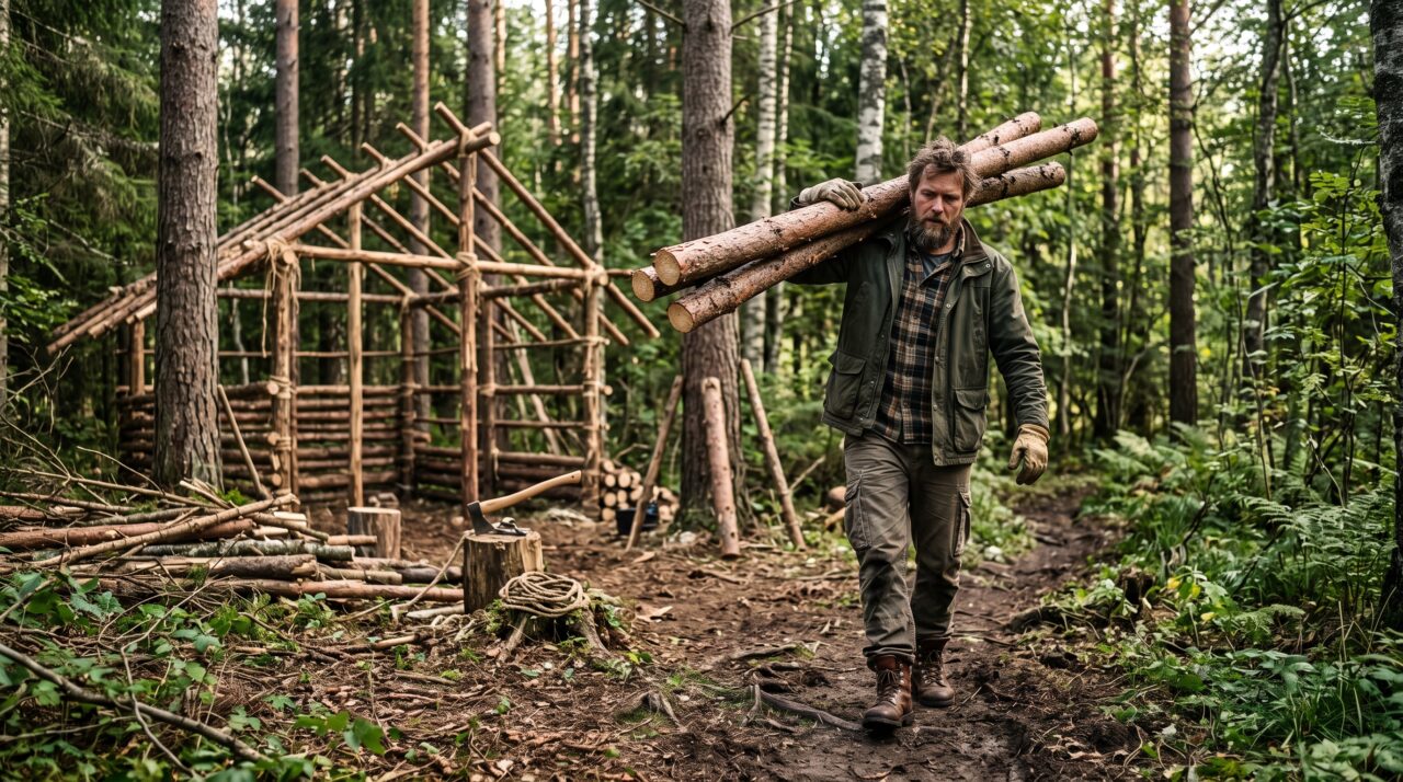 Ele construiu uma cabana rústica no meio da floresta no inverno, com troncos de madeira pesada e ferramentas básicas de campo