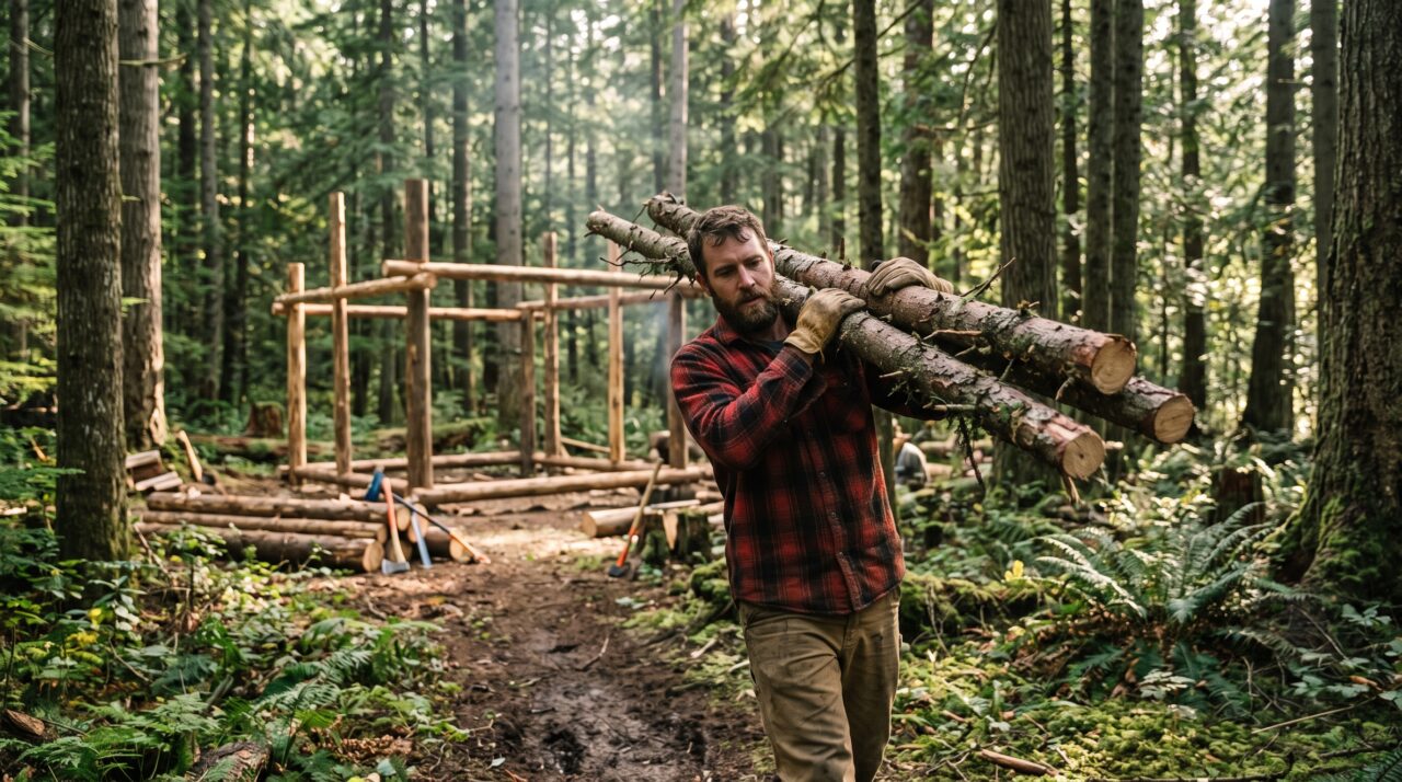 Construção rústica e acampamento de inverno