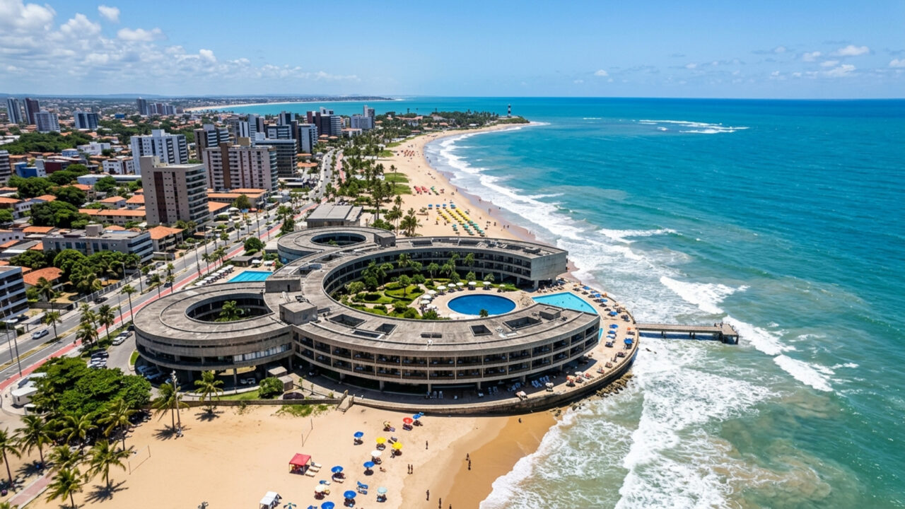 Com formato circular à beira-mar e 170 apartamentos, o icônico edifício de 1971 destaca-se como o maior símbolo do turismo na Paraíba