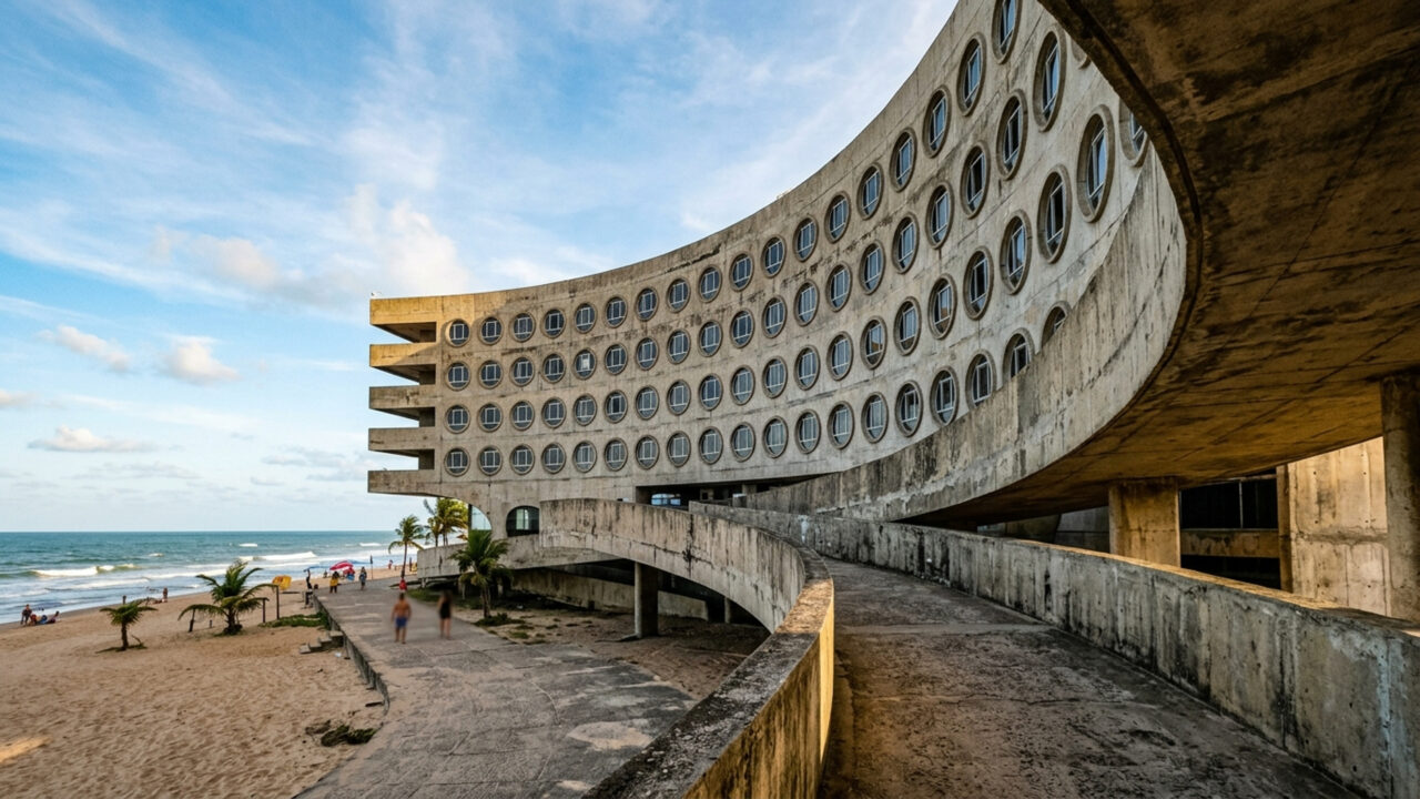Com formato circular à beira-mar e 170 apartamentos, o icônico edifício de 1971 destaca-se como o maior símbolo do turismo na Paraíba