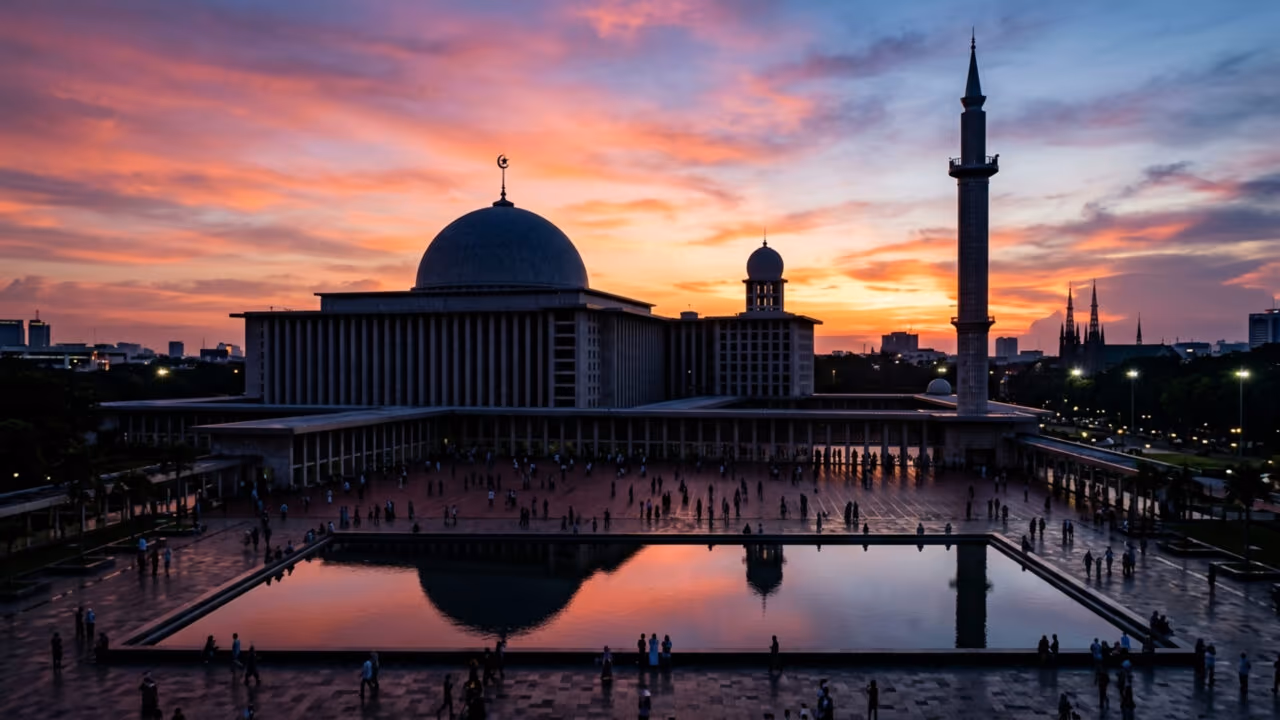 Com capacidade para mais de 200 mil pessoas, a mesquita projetada por Frederich Silaban em 1978 tornou-se o maior templo islâmico do sudeste asiático