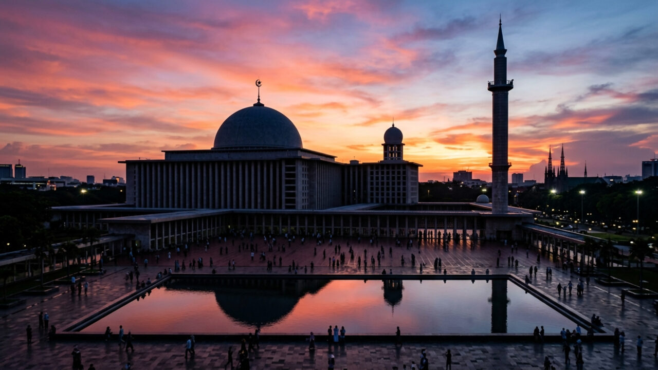 Com capacidade para mais de 200 mil pessoas, a mesquita projetada por Frederich Silaban em 1978 tornou-se o maior templo islâmico do sudeste asiático