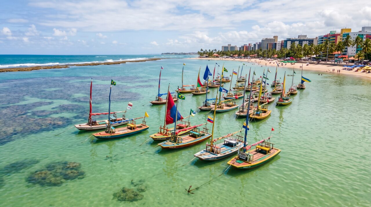 Turismo de verão e passeios de jangada em Maceió.