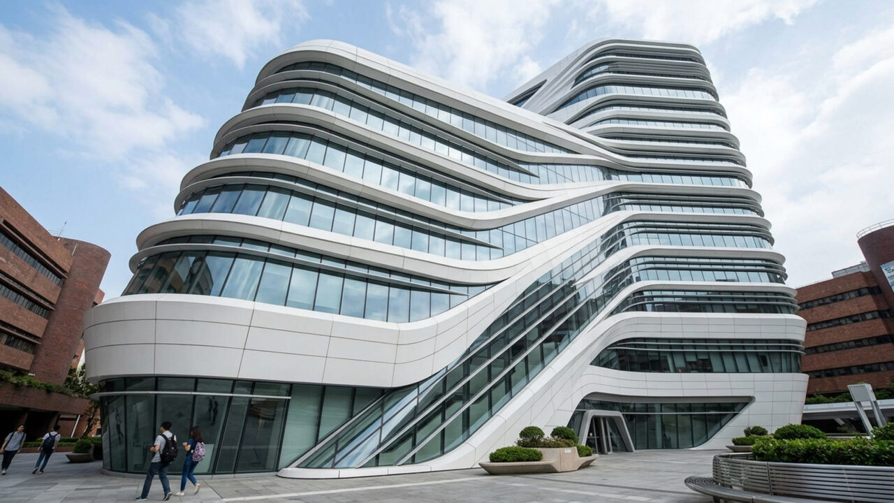 Projetada por Zaha Hadid em 2014 com 15 andares e 78 metros de altura, a torre de design fluido desafia as linhas retas no panorama universitário