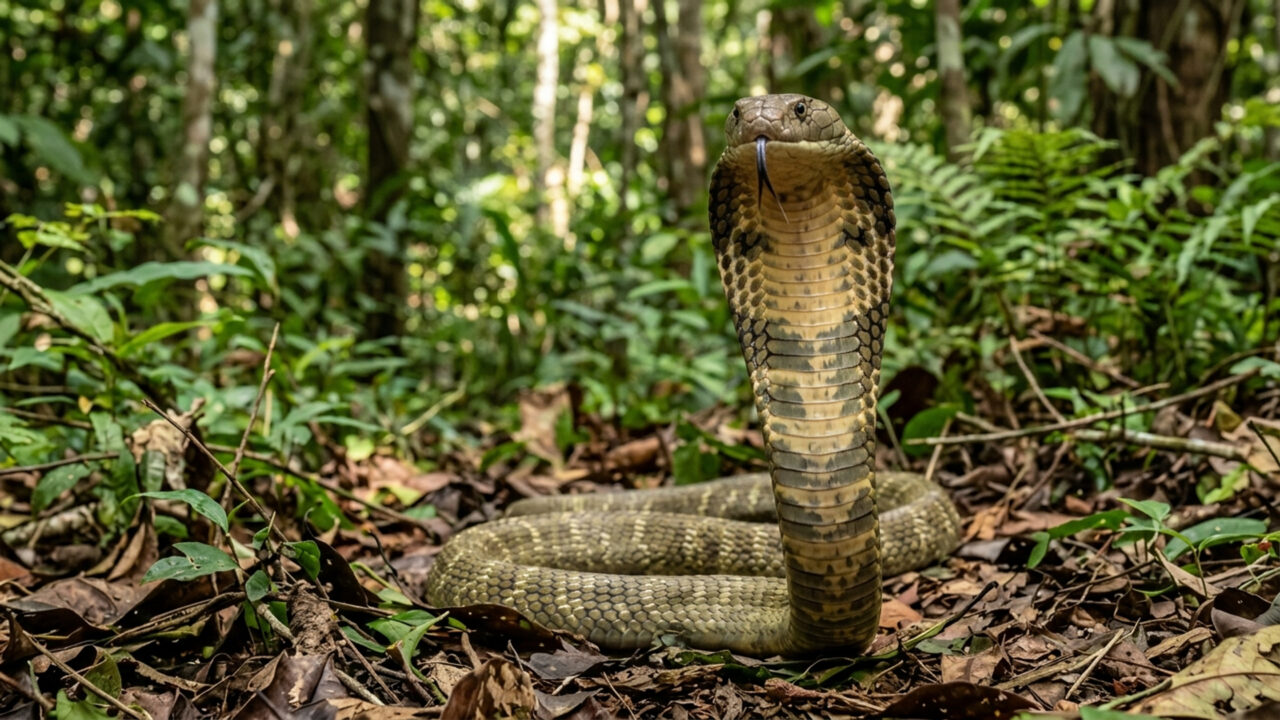 Medindo até 5,85 metros, a maior serpente peçonhenta do mundo injeta veneno capaz de derrubar um elefante e caça outras cobras na selva