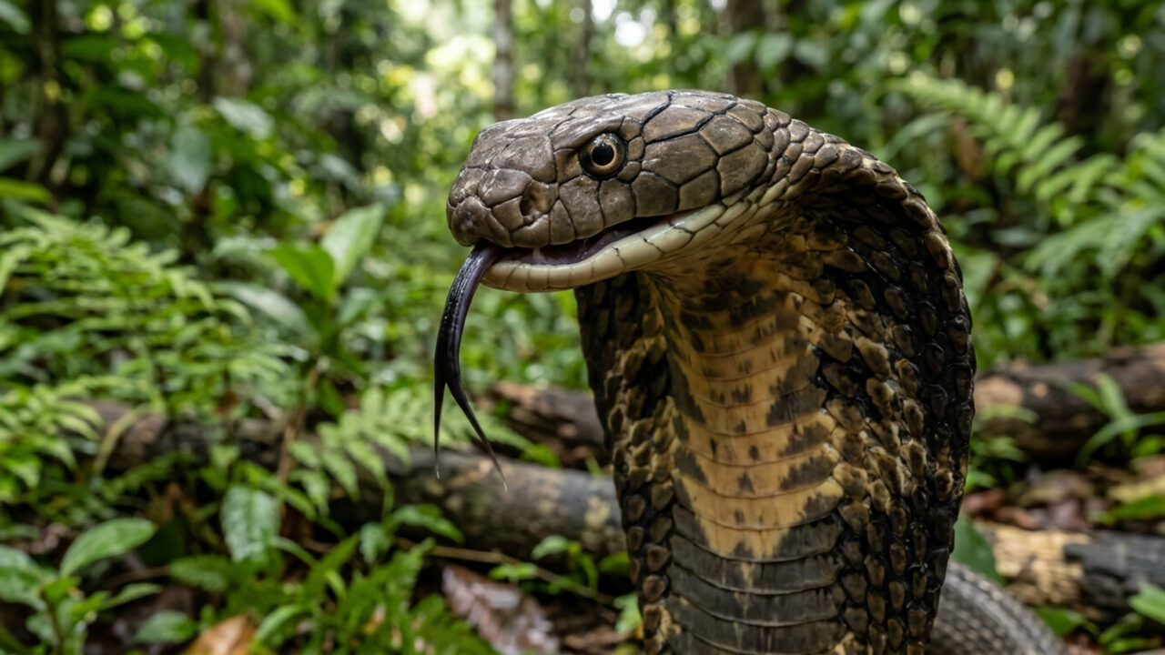 Medindo até 5,85 metros, a maior serpente peçonhenta do mundo injeta veneno capaz de derrubar um elefante e caça outras cobras na selva
