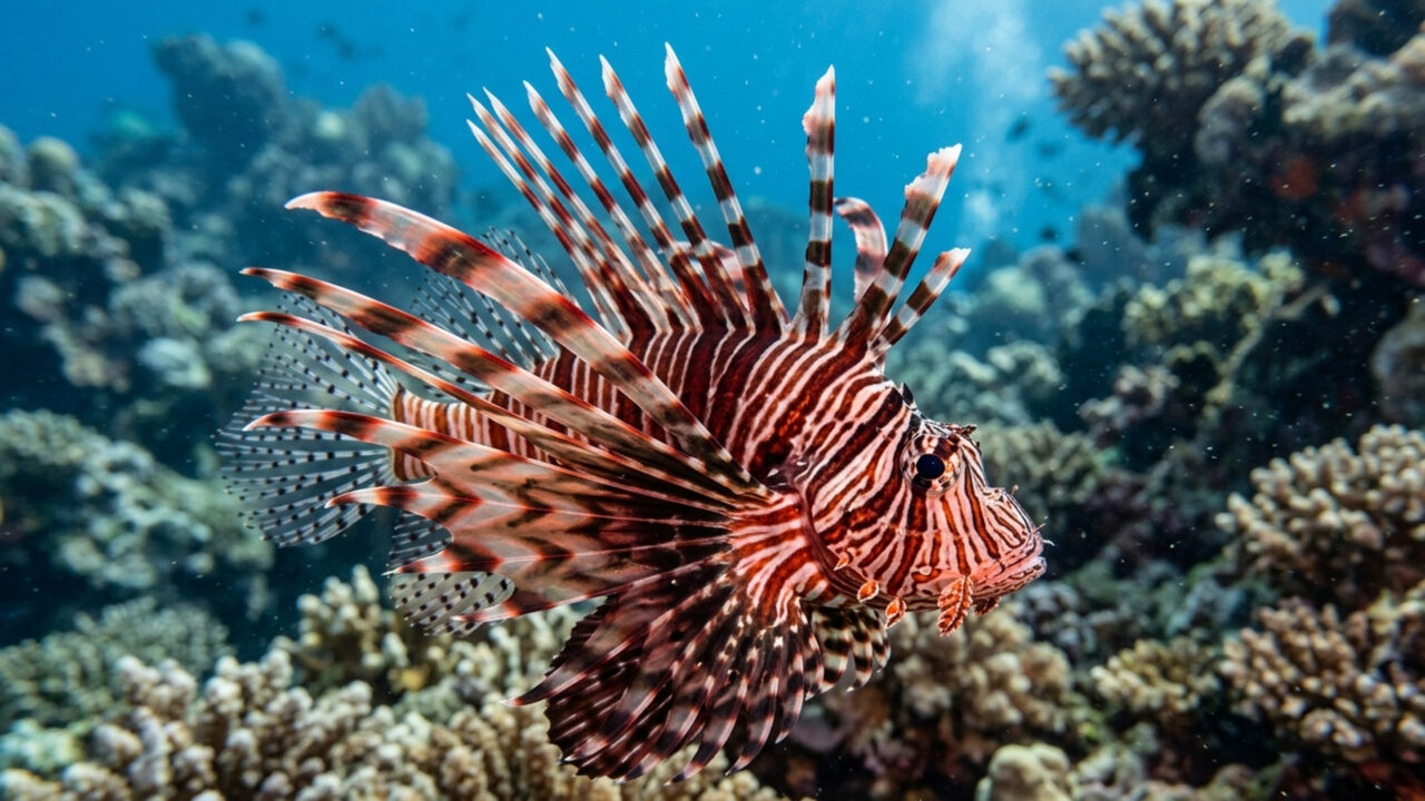 Armado com 18 espinhos venenosos e um apetite voraz que destrói corais, o invasor listrado espalha o terror e ameaça os ecossistemas do oceano