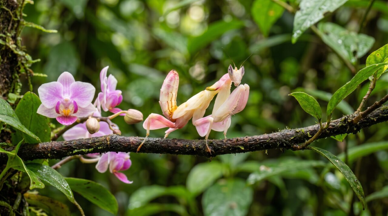 Estratégia de caça e camuflagem do louva-a-deus-orquídea