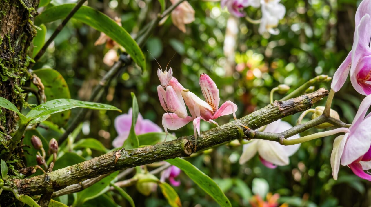 Estratégia de caça e camuflagem do louva-a-deus-orquídea