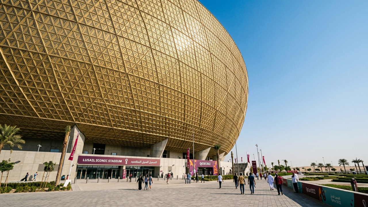 O colossal estádio dourado de 88 mil lugares que sediou a final da Copa do Mundo de 2022, destacando-se como um marco da engenharia moderna no deserto