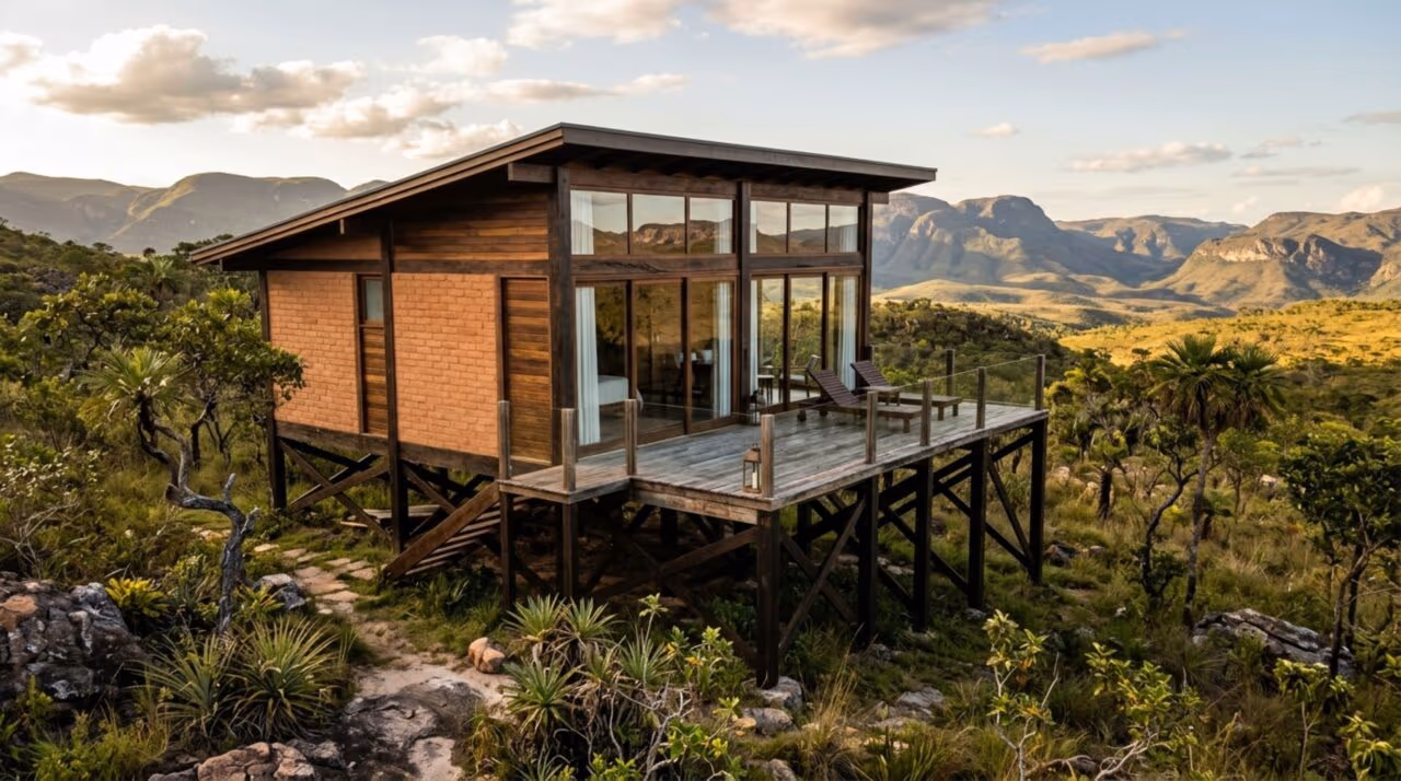 Casa dos sonhos: materiais simples criam chalé de luxo na Chapada dos Veadeiros, custando apenas R$ 100 mil, transformando-se em renda passiva lucrativa a longo prazo
