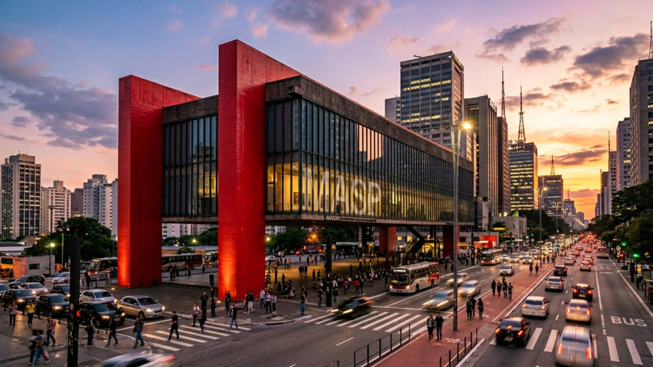 O monumental museu de 1968 sustentado por quatro colunas vermelhas com um vão livre de 74 metros de extensão, sendo um marco da engenharia paulista