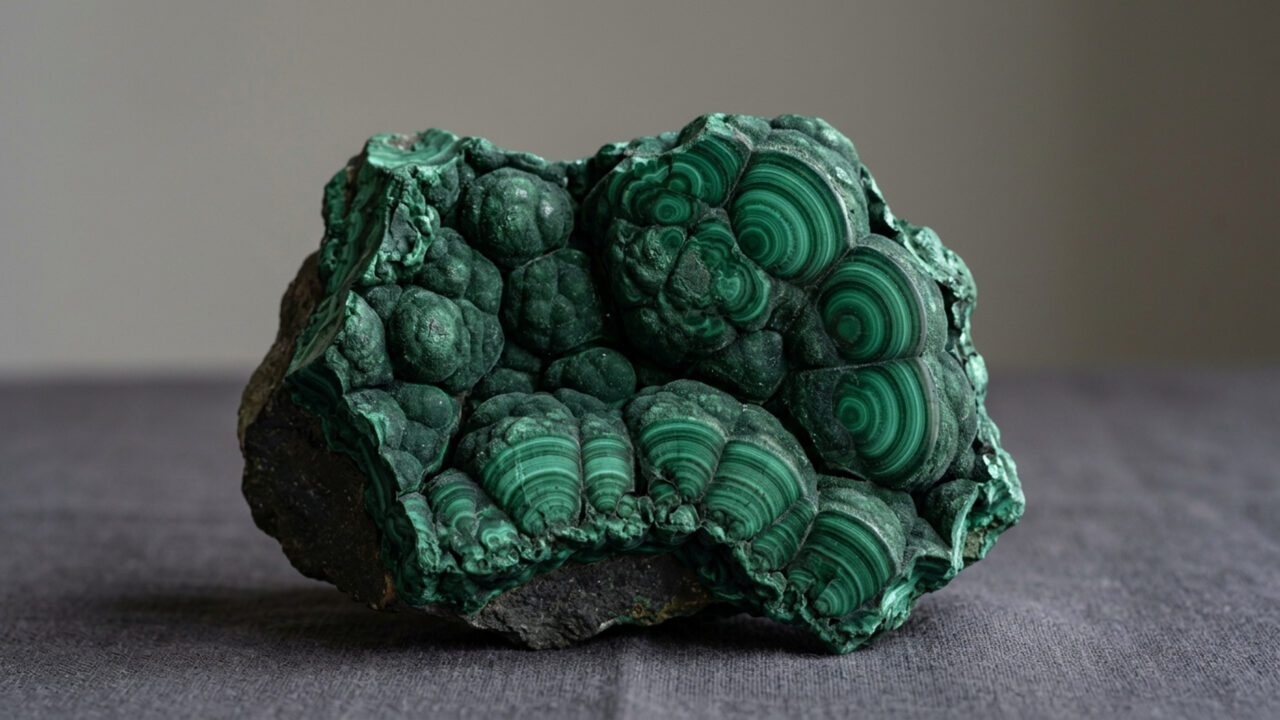 Esqueça as pedras verdes comuns, pois este carbonato de cobre exibe faixas onduladas e redemoinhos que decoravam os palácios dos czares russos