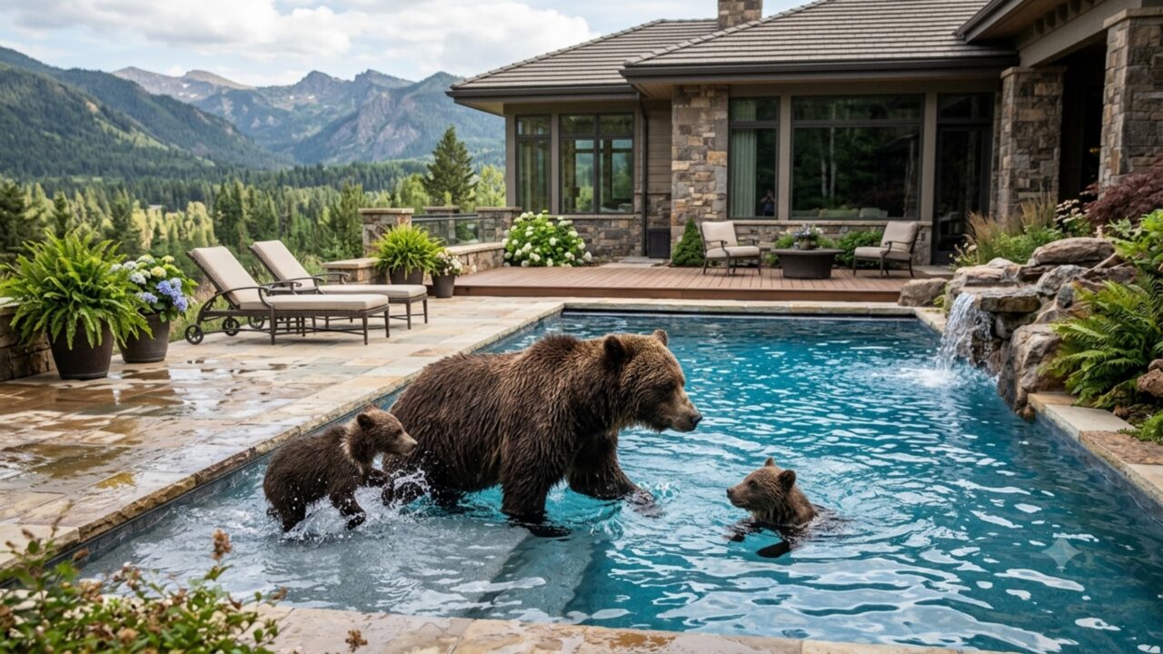 Mamãe ursa invade uma mansão com seus filhos e aproveita para tomar aquele banho de piscina
