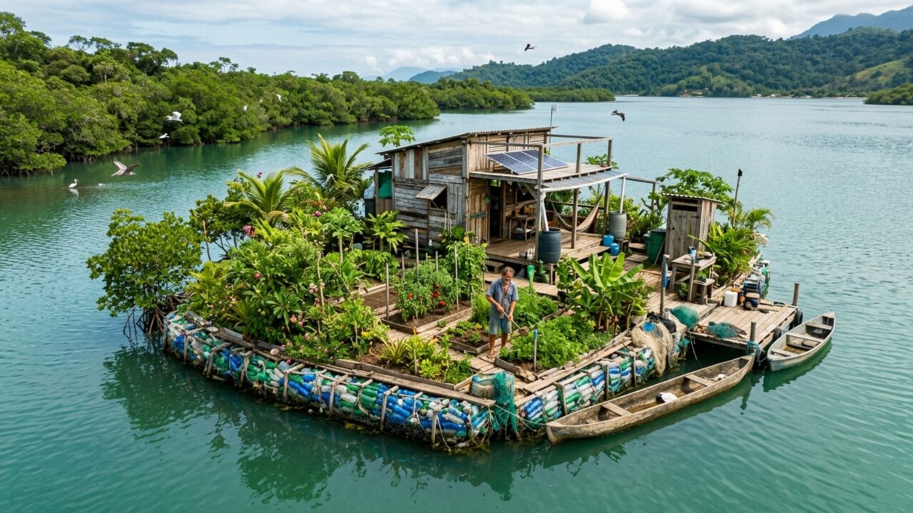 Homem construiu a própria ilha flutuante com 150 mil garrafas PET recicladas, criou solo fértil, plantou mangues e viveu isolado no litoral