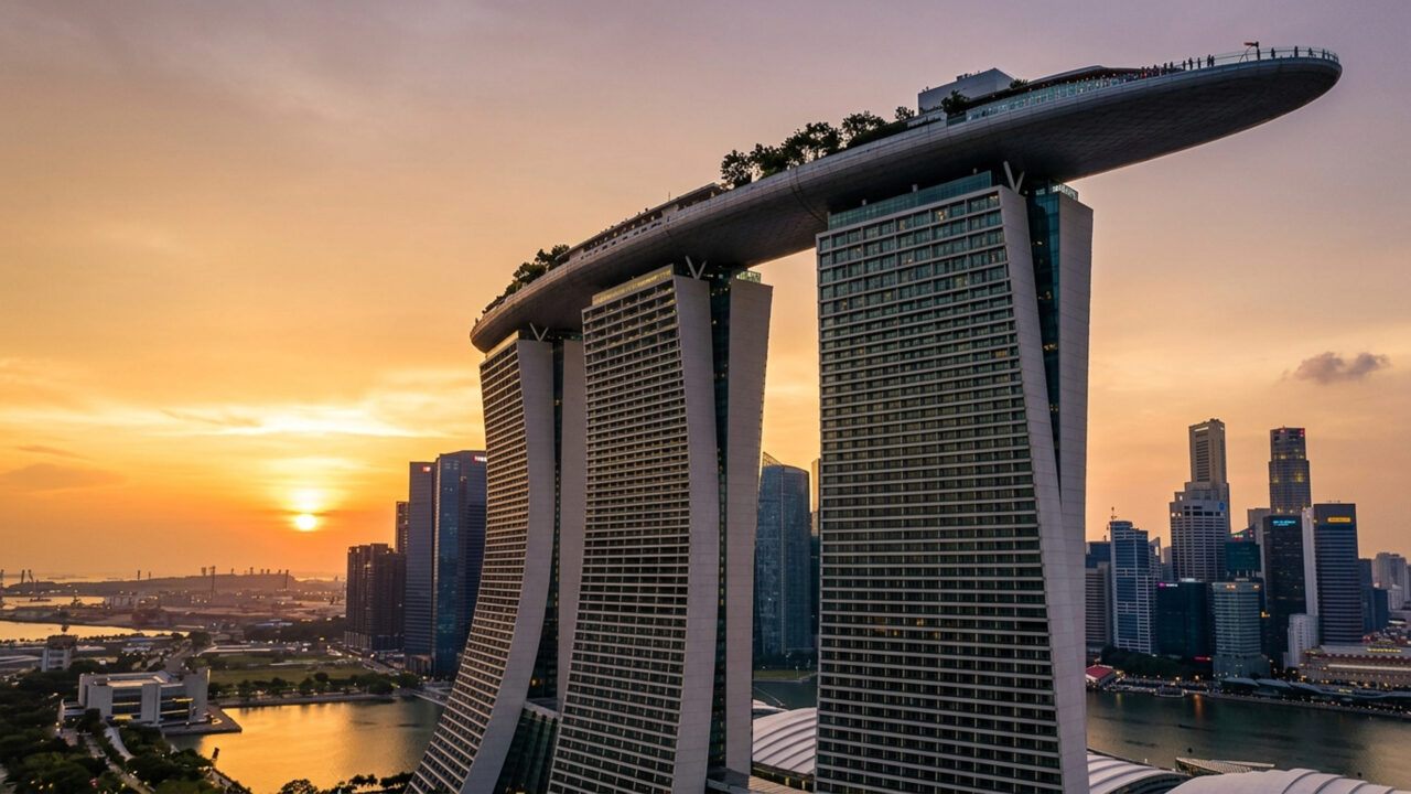 Desenhado por Moshe Safdie em 2010 com três torres e um parque suspenso a 200 metros de altura, o resort virou o maior símbolo de Singapura