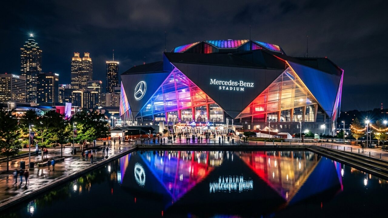 Com uma cobertura retrátil de oito pétalas metálicas gigantes e capacidade para 71 mil pessoas, a arena de Atlanta é um marco da engenharia moderna
