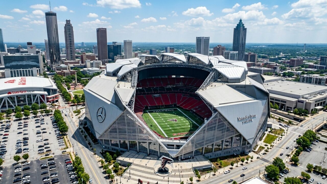 Com uma cobertura retrátil de oito pétalas metálicas gigantes e capacidade para 71 mil pessoas, a arena de Atlanta é um marco da engenharia moderna