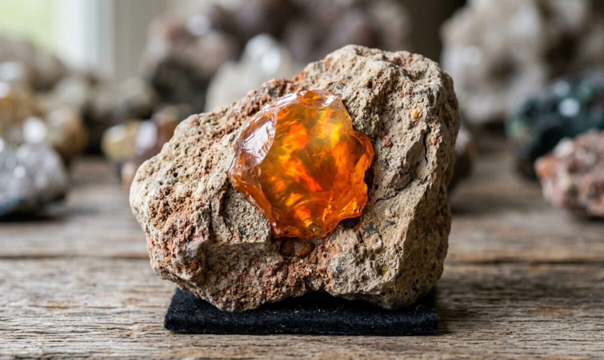 Não é um mineral comum, esta opala mexicana de cor laranja vibrante parece carregar fogo dentro de si, sendo uma das gemas mais cobiçadas da alta joalheria