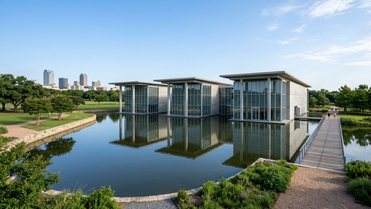 Projetado por Tadao Ando em 2002 com cinco pavilhões de concreto e vidro flutuando sobre a água, o museu texano é um marco do modernismo nos EUA