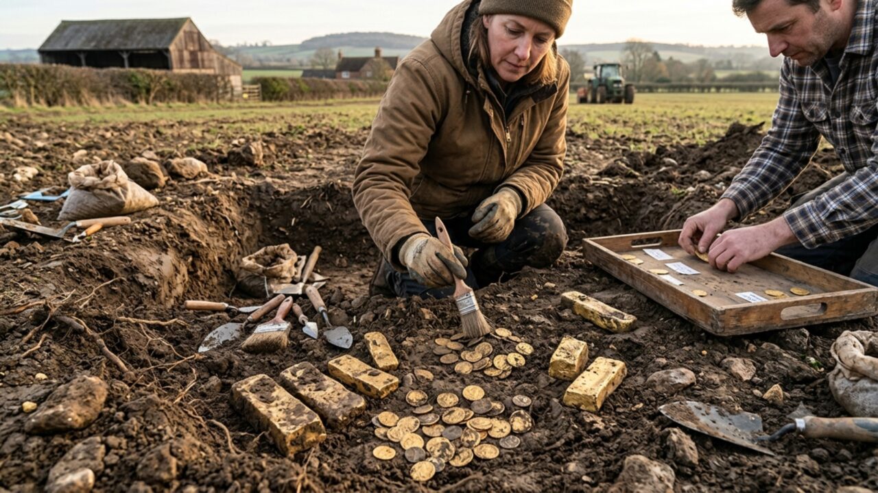 Moedas e barras de ouro desenterradas em um campo agrícola se tornam achado do século do país