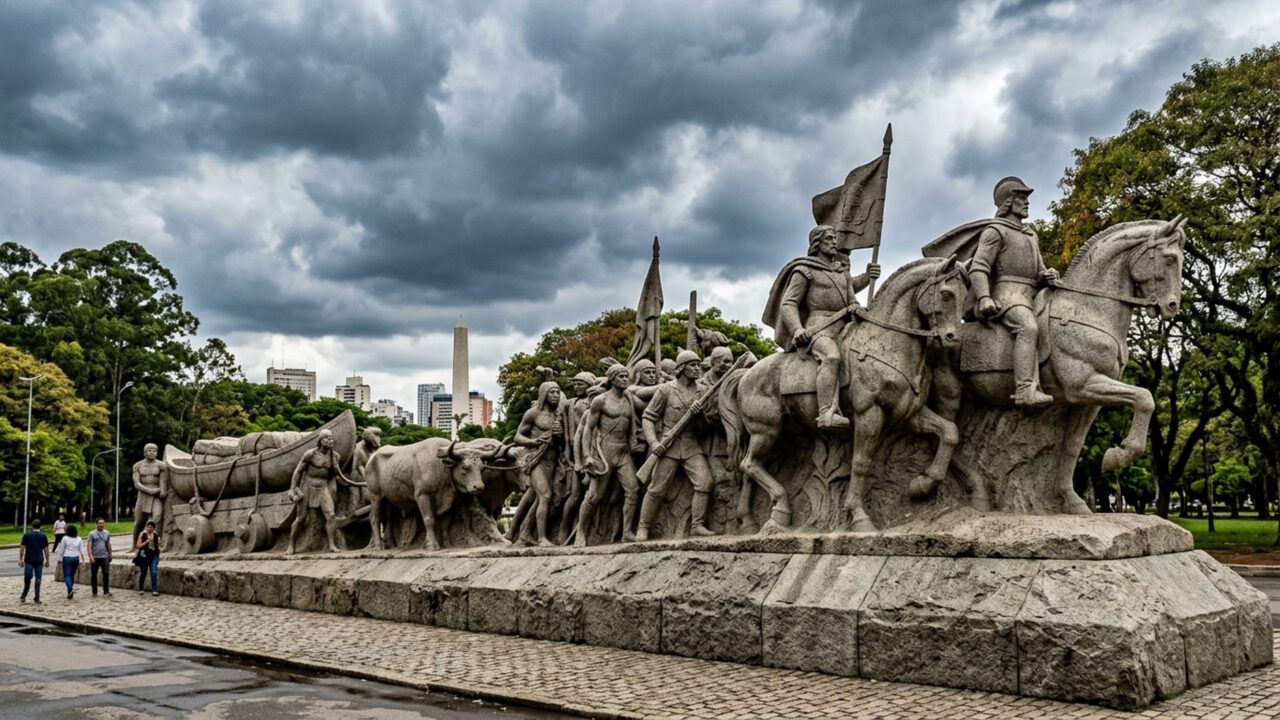 Com 240 blocos maciços de granito por Victor Brecheret e com cerca de 50 metros de extensão, a estrutura de 1953 destaca-se como o maior monumento de São Paulo