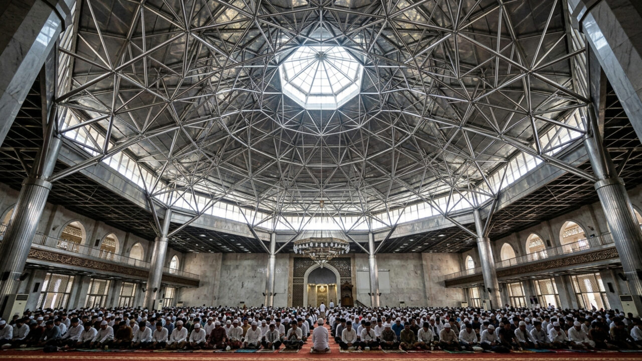 Com capacidade para mais de 200 mil pessoas, a mesquita projetada por Frederich Silaban em 1978 tornou-se o maior templo islâmico do sudeste asiático