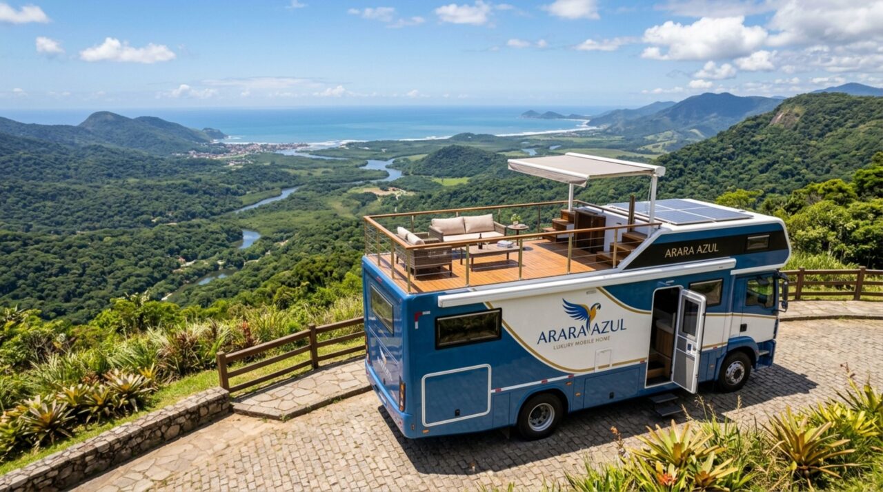 Arara Azul: o motorhome de dois andares que une luxo, liberdade e vida na estrada e tem até piscina