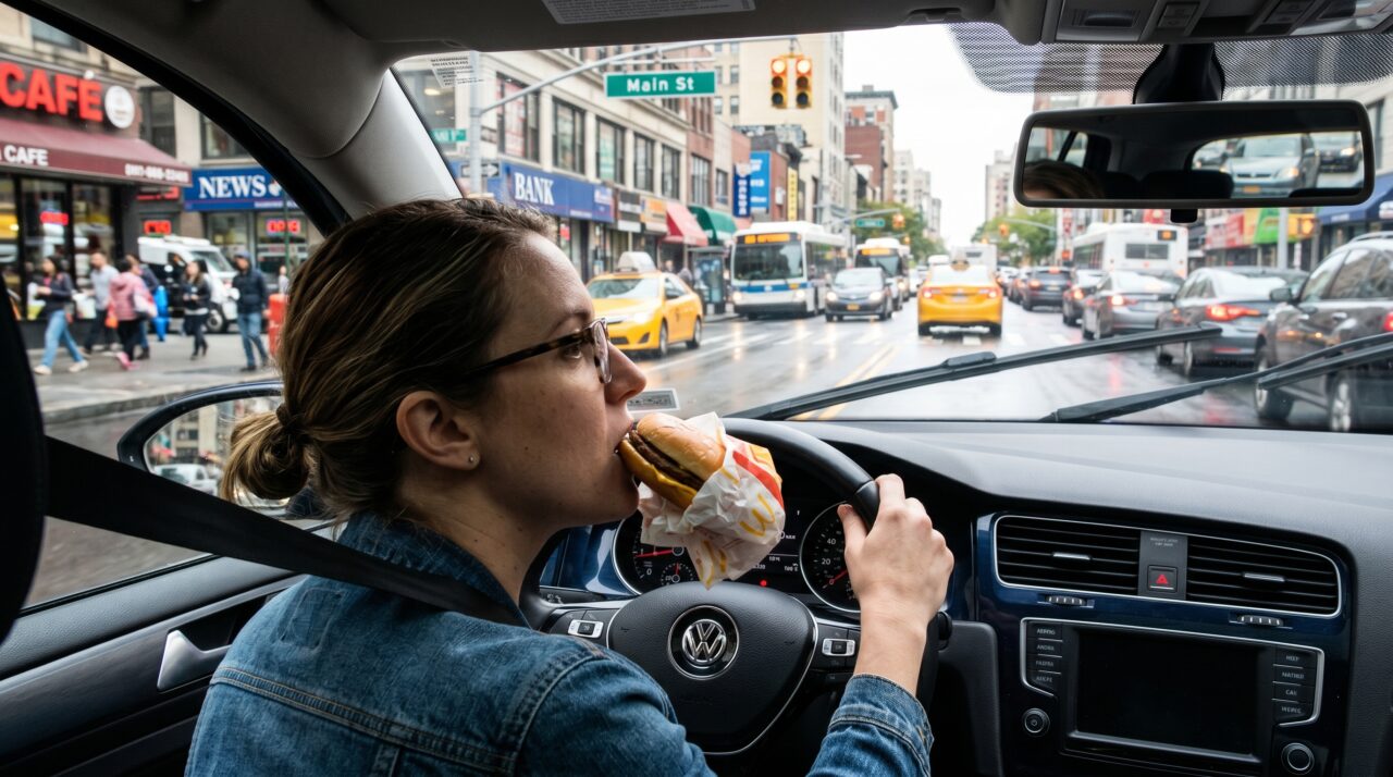 Aplicação de multas por comer ou beber ao volante segundo o Código de Trânsito Brasileiro.