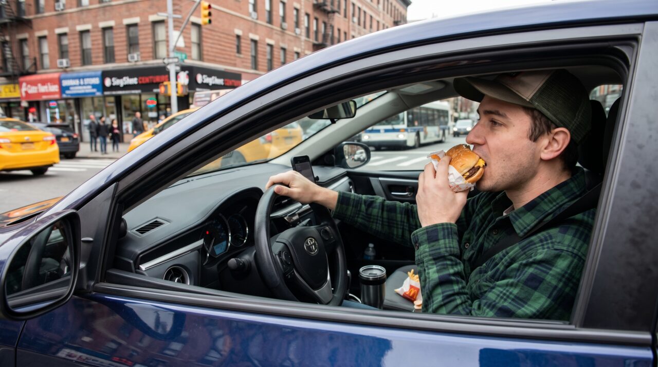 Aplicação de multas por comer ou beber ao volante segundo o Código de Trânsito Brasileiro.