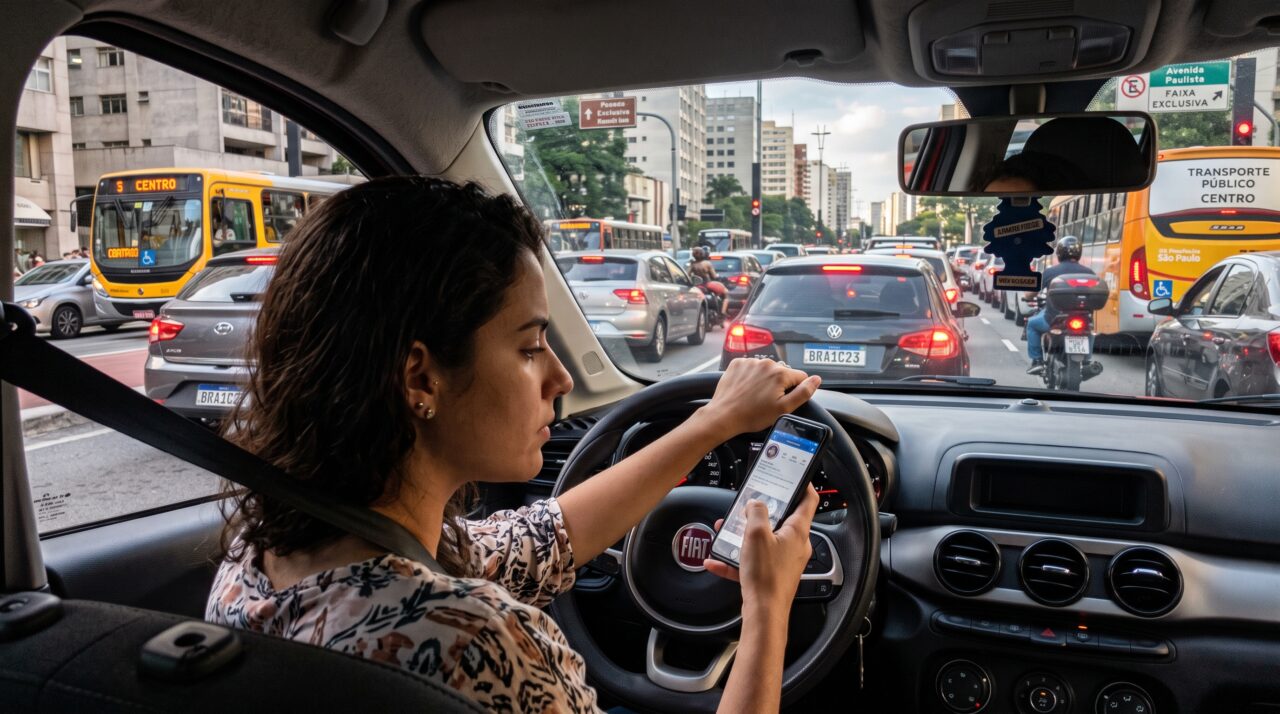 Motorista segurando smartphone dentro do carro parado no trânsito.
