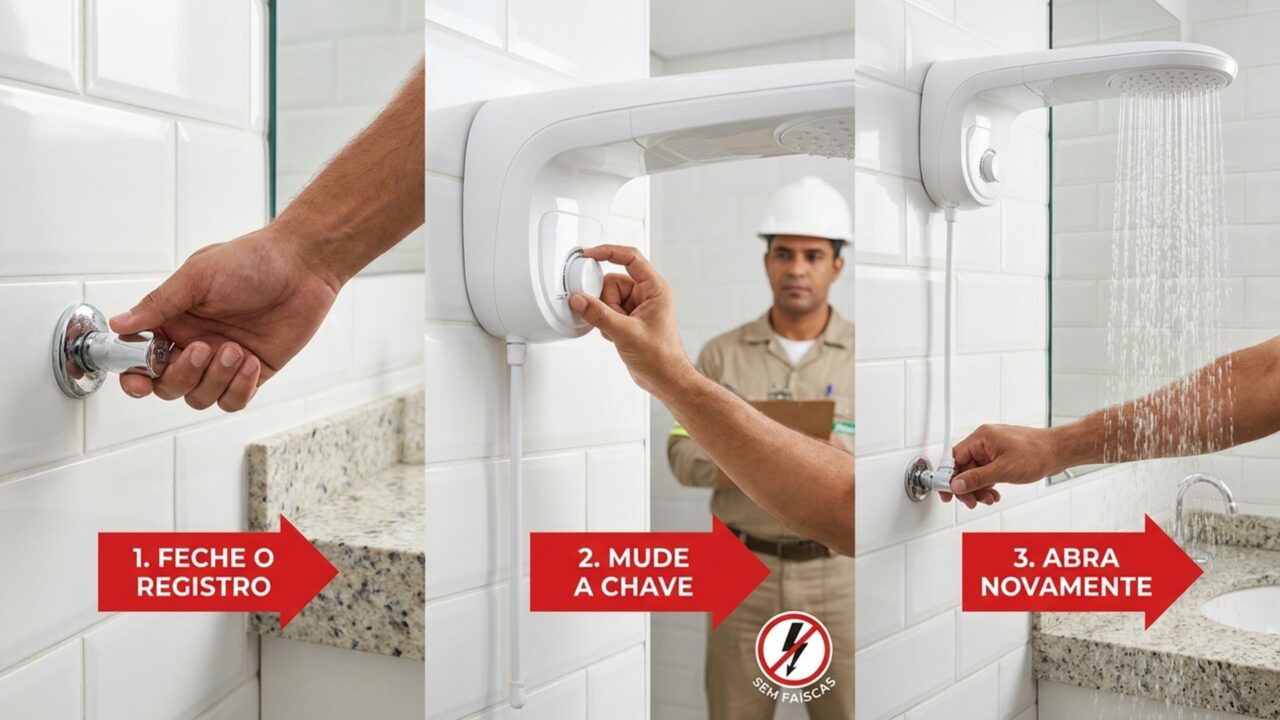 Mudar a temperatura com o chuveiro ligado ou com a água fechada? Esta é a regra elétrica exata para não derreter a resistência da sua casa