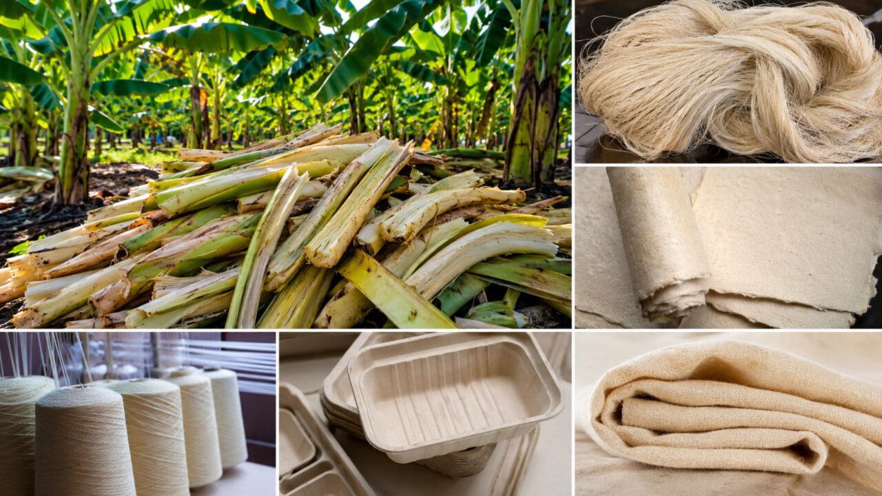 O Brasil desafia as leis agrárias e transforma 220 toneladas de baús de banana usados em roupas, bandejas de papel e frutas.