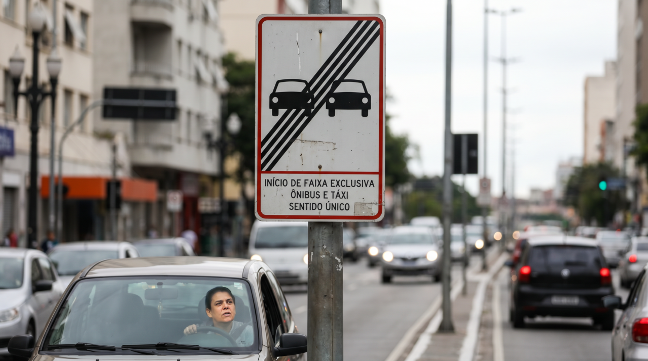 O que significa a placa de trânsito com dois carros juntos em fundo branco e quatro linhas diagonais