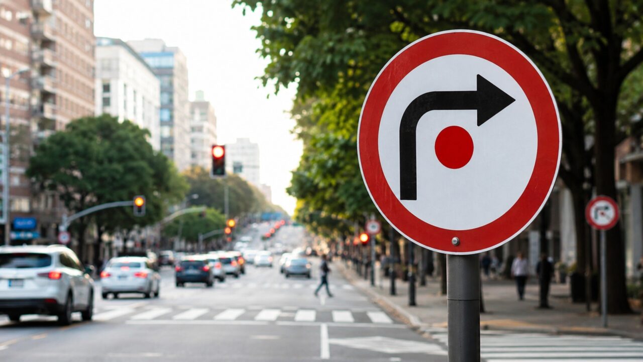 O que significa a placa de trânsito que tem uma seta à direita e um ponto vermelho sobre fundo branco?