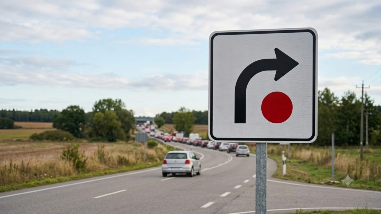 O que significa a placa de trânsito que tem uma seta à direita e um ponto vermelho sobre fundo branco