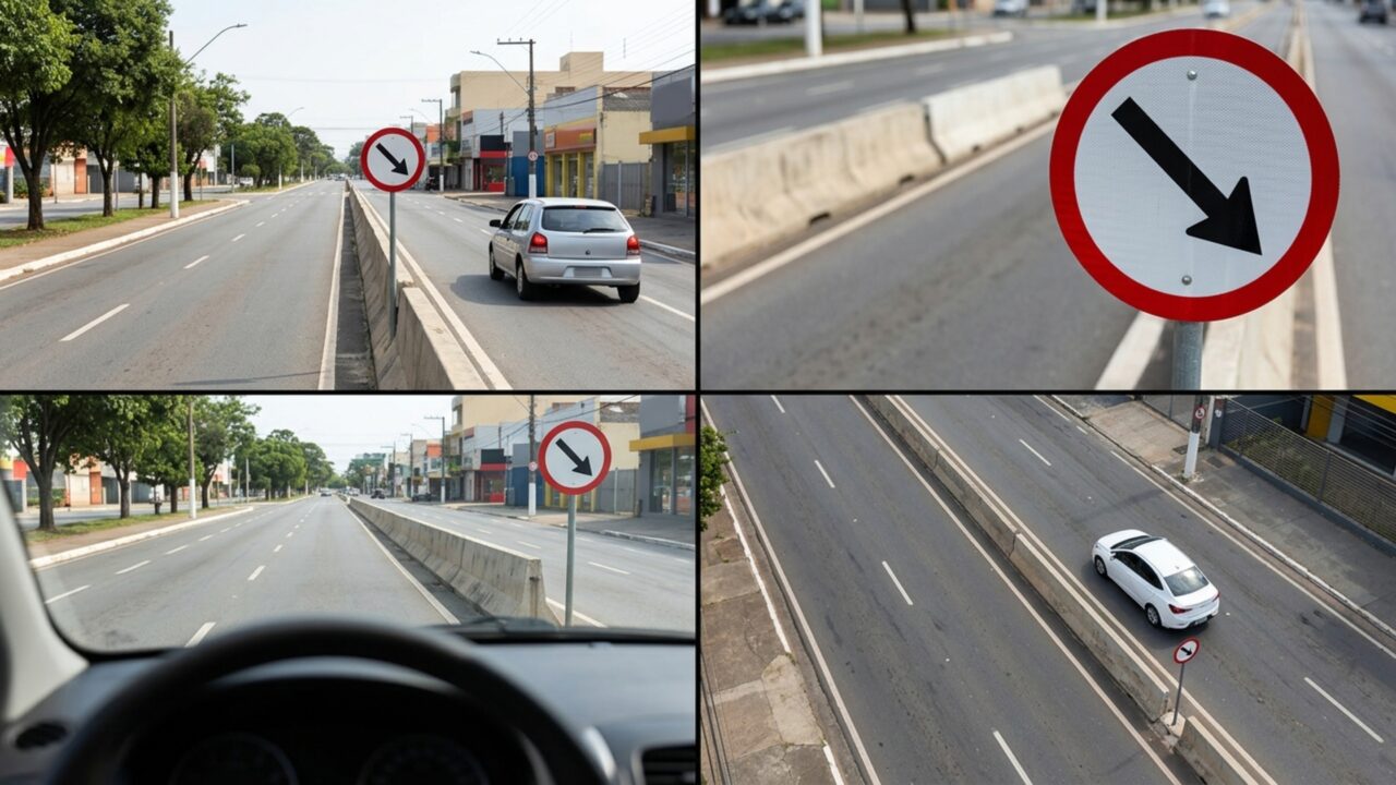 Placa de trânsito branca com uma seta preta inclinada para baixo: quase ninguém sabe o que ela obriga você a fazer
