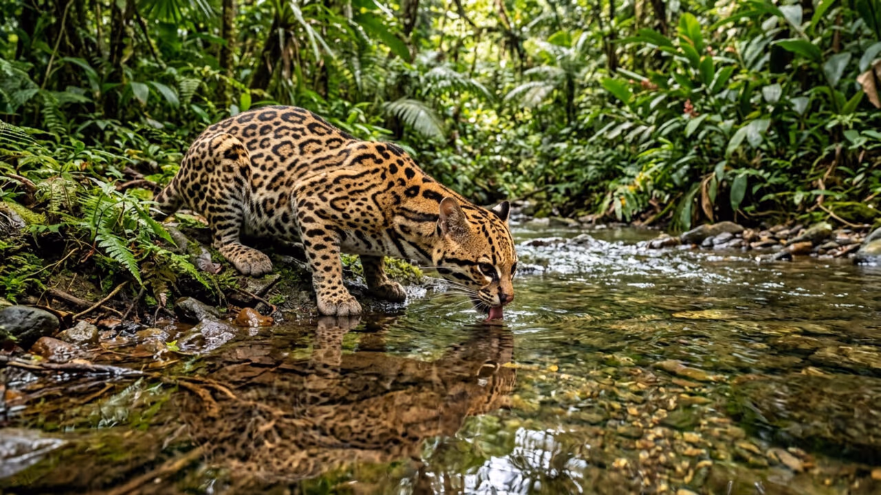 O ágil felino de hábitos noturnos escala árvores com facilidade; ele caça pequenos mamíferos e aves sob a cobertura densa das florestas do país