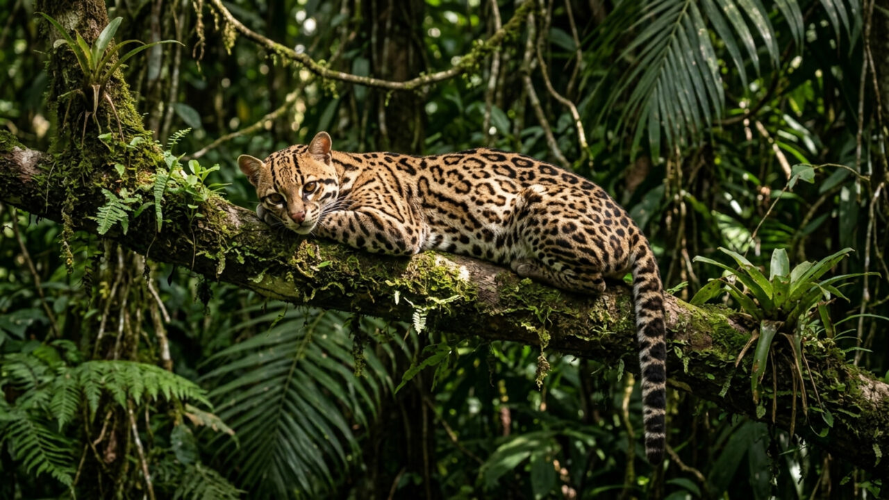 O ágil felino de hábitos noturnos escala árvores com facilidade; ele caça pequenos mamíferos e aves sob a cobertura densa das florestas do país