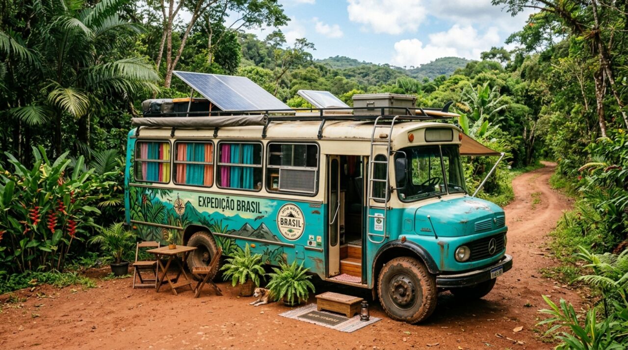 Casal brasileiro compra ônibus escolar de 6,5 m e transforma em casa com piso firme, isolamento térmico, energia solar e deck para virar casa sobre rodas