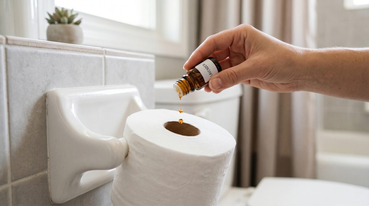 Truque caseiro com óleo essencial no papel higiênico para perfumar o banheiro.