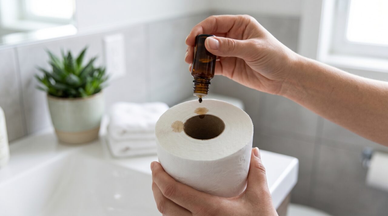Truque caseiro com óleo essencial no papel higiênico para perfumar o banheiro.