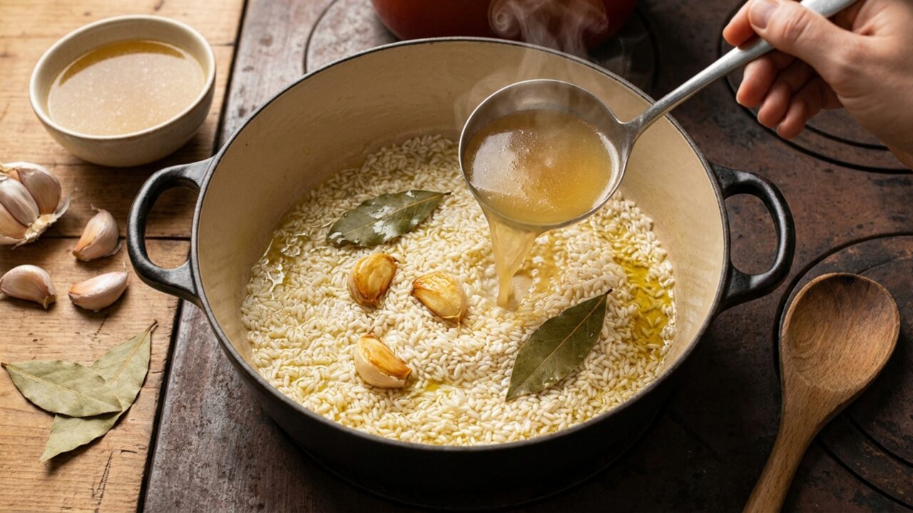Chefs revelam o segredo: “O arroz branco ganha outro sabor com 3 dentes de alho, 2 folhas de louro e caldo caseiro.”